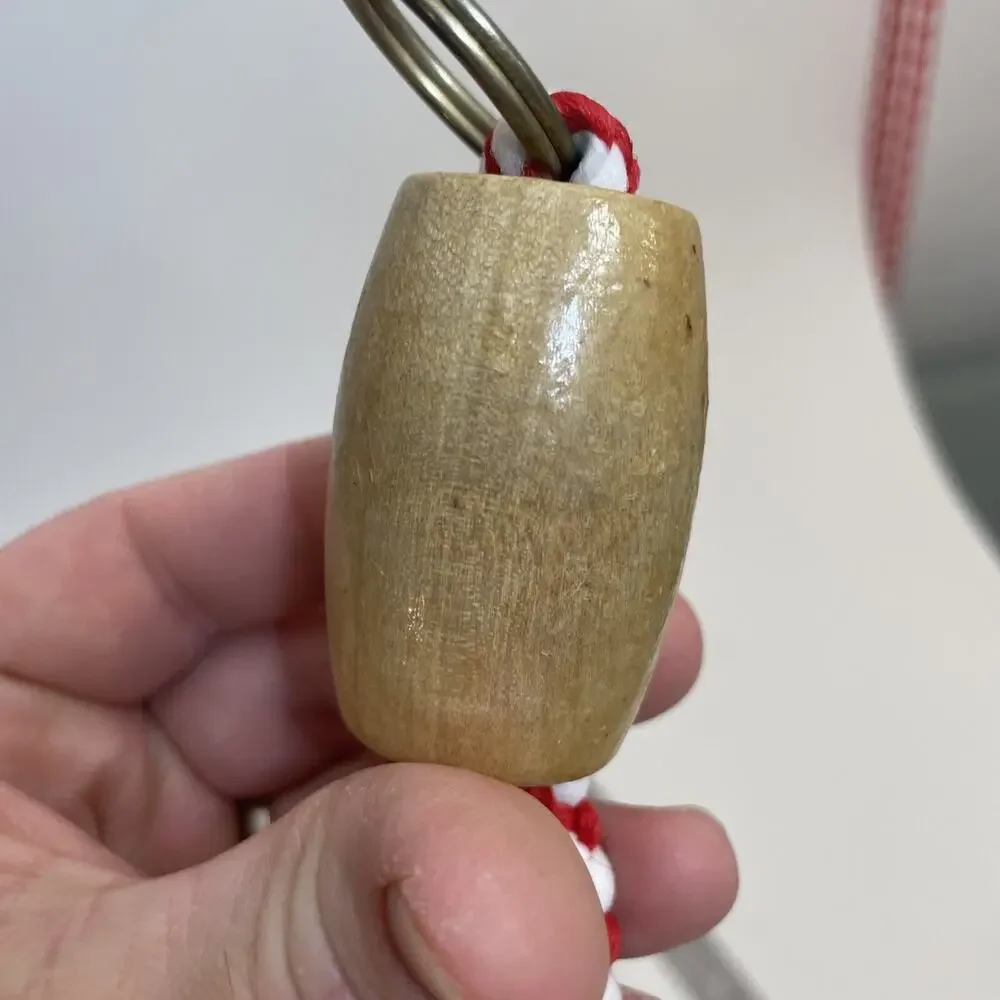 Rope & Wood Bead TASSEL KEYCHAIN Vintage 7” RED Mushroom Hippie 60s 70s 180